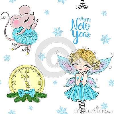 Hand drawn seamless pattern with beautiful cute little winter fairy girl and the words Happy New Year. Vector Illustration