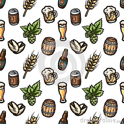 Hand drawn seamless pattern on a beer theme. Vector Illustration