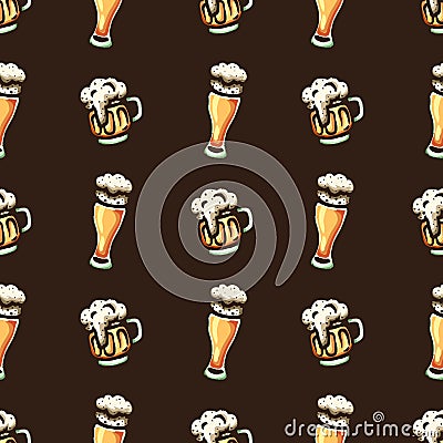 Hand drawn seamless pattern on a beer theme. Vector Illustration