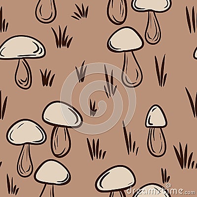 Hand drawn seamless pattern with beige brown forest wood mushrooms. Woodland minimalist toadstool wild fungus fungi Stock Photo