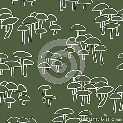 Hand drawn seamless pattern with beige forest wood mushrooms on sgae green khaki background. Woodland minimalist Stock Photo