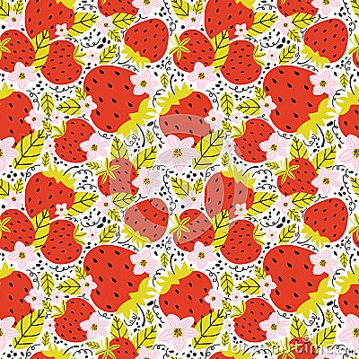 Hand drawn seamless pattern with berries and strawberry flowers with leaves on a white background. Summer background sweet berries Stock Photo