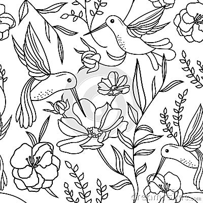 Hand drawn seamless pattern with birds and flowers. Hummingbirds and flowers, retro style, antique backdrop. Vector Illustration