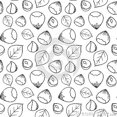 Hand drawn seamless pattern black and white of nuts, peanuts, almonds, pecans, cashews, hazelnuts. Vector Illustration