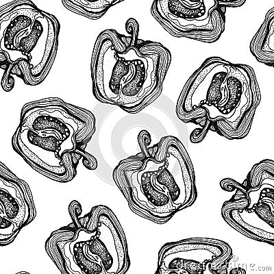 Hand drawn seamless pattern with black and white peppers, Cartoon Illustration