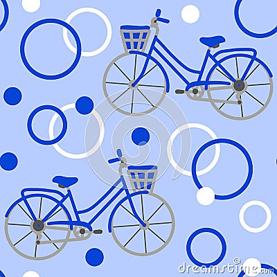 Hand drawn seamless pattern with blue bicycles on circle abstract geometric background. Sport transportation vehicle Stock Photo