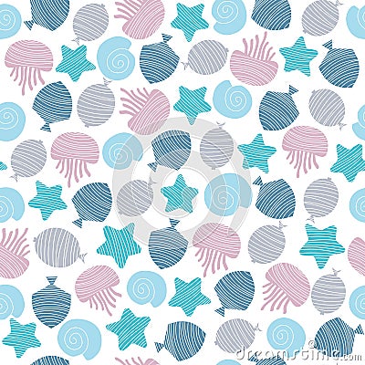 Hand drawn seamless pattern in blue colour Vector Illustration