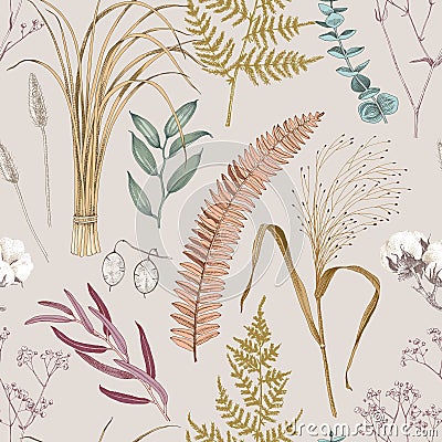 Hand drawn seamless pattern with boho plants Vector Illustration