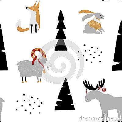 Hand drawn seamless pattern with bunny, fox, goat, elk and trees. Vector Illustration