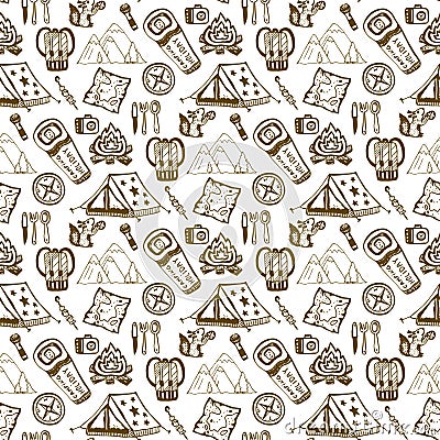 Hand drawn seamless pattern with camping objects. Summer vacation background. Camping holiday illustration. Cartoon Illustration