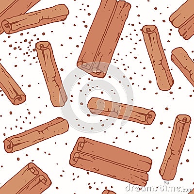 Hand drawn seamless pattern with cinnamon sticks. Background for cafe, kitchen or food package Vector Illustration