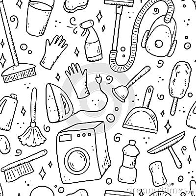 Hand drawn seamless pattern of cleaning equipments Vector Illustration