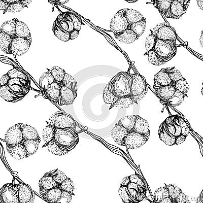 Hand drawn seamless pattern with cotton flowers on branches Stock Photo