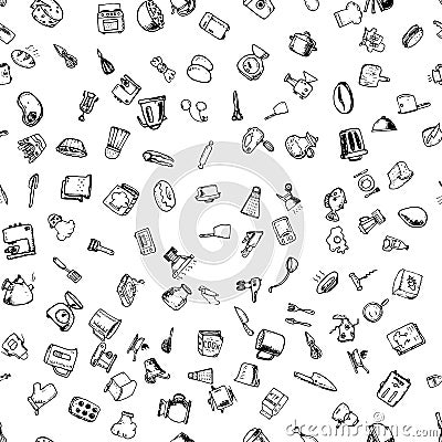 Hand drawn seamless pattern with decorative cooking icons. Vector sketch background with kitchen utensils, vegetables, cooking hob Vector Illustration