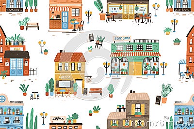 Hand drawn seamless pattern with different cafe, shops and stores. Repeatable background with cute city buildings Vector Illustration