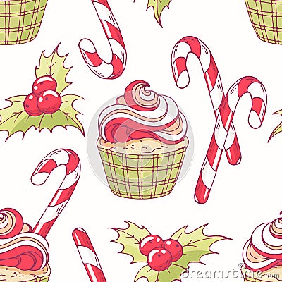 Hand drawn seamless pattern with doodle christmas cupcake, holly, candy cane and buttercream. Food background Vector Illustration