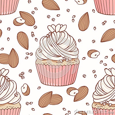 Hand drawn seamless pattern with doodle cupcake, almond and buttercream. Food background Vector Illustration