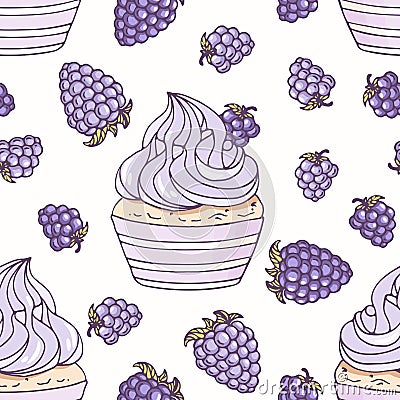 Hand drawn seamless pattern with doodle cupcake and blackberry cream. Food background Vector Illustration