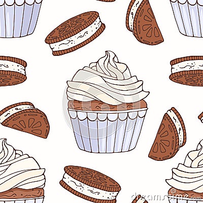 Hand drawn seamless pattern with doodle cupcake, chocolate cookie and buttercream. Food background Vector Illustration