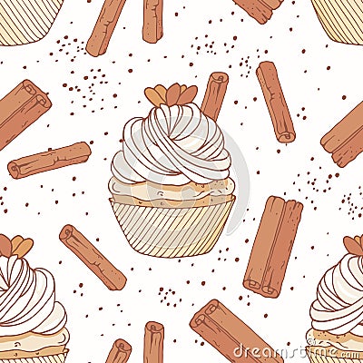 Hand drawn seamless pattern with doodle cupcake and cinnamon buttercream. Food background Vector Illustration