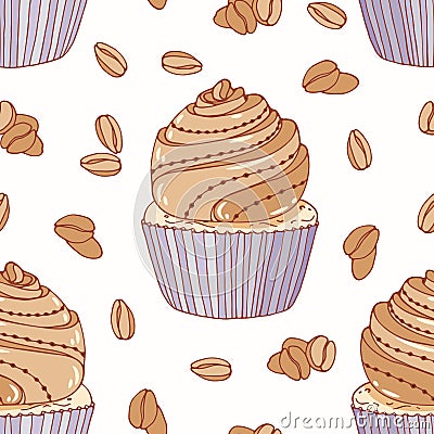 Hand drawn seamless pattern with doodle cupcake and coffee buttercream. Food background Vector Illustration