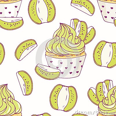 Hand drawn seamless pattern with doodle cupcake and kiwi buttercream. Food background Vector Illustration