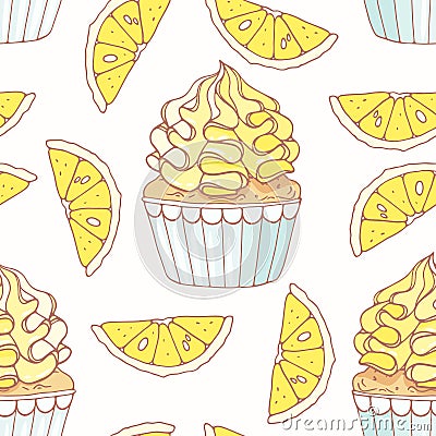 Hand drawn seamless pattern with doodle cupcake and lemon buttercream. Food background Vector Illustration