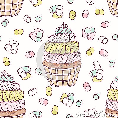 Hand drawn seamless pattern with doodle cupcake, marshmallow and buttercream. Food background Vector Illustration