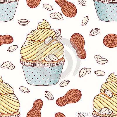 Hand drawn seamless pattern with doodle cupcake and peanut buttercream. Food background Vector Illustration