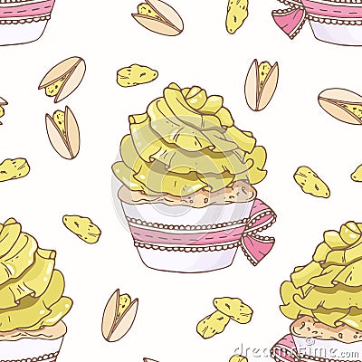 Hand drawn seamless pattern with doodle cupcake and pistachio buttercream. Food background Vector Illustration