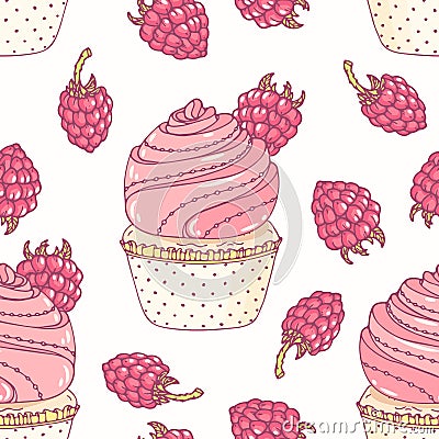 Hand drawn seamless pattern with doodle cupcake and raspberry buttercream. Food background Vector Illustration