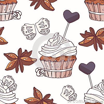 Hand drawn seamless pattern with doodle cupcake, stars of anise, licorice candy and buttercream. Food background Vector Illustration