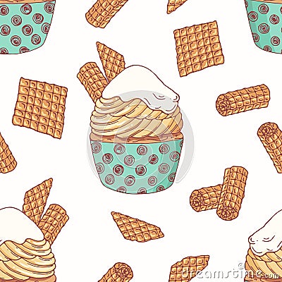 Hand drawn seamless pattern with doodle cupcake, waffles and buttercream. Food background Vector Illustration