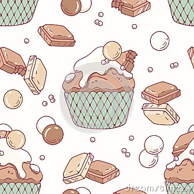 Hand drawn seamless pattern with doodle cupcake and white milk chocolate buttercream. Food background Vector Illustration