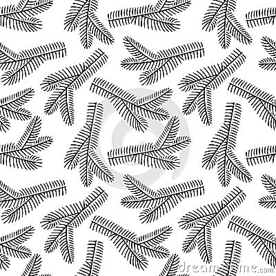 Hand drawn seamless pattern doodle of fir tree branch isolated on white background. Conifer sketch. Vector Illustration