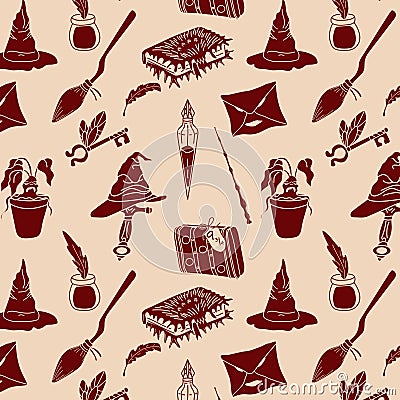 Hand drawn seamless pattern doodle magic things from a wizard school. Vector Illustration