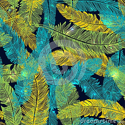 Hand drawn seamless pattern of feathers. Color of brazil flag. Vector Illustration