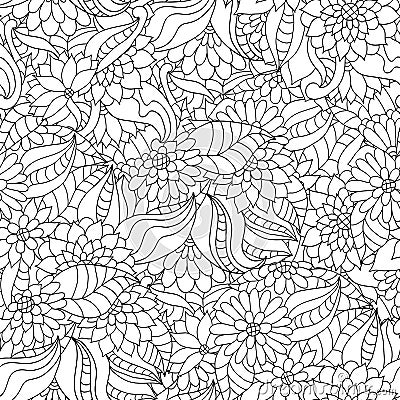 Hand drawn seamless pattern with flowers and leaves for adult anti stress colouring book. Vector Illustration