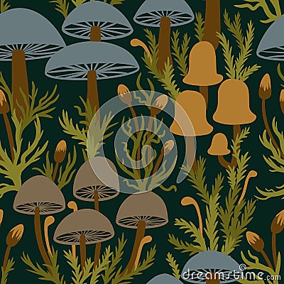 Hand drawn seamless pattern with forest mushroom fungi in grey blue brown on dark green moss background. Toadstool toxic Stock Photo