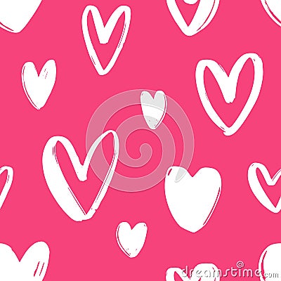 Hand drawn seamless pattern with hearts on bright pink background. Festive backdrop with love, passion and romance Vector Illustration