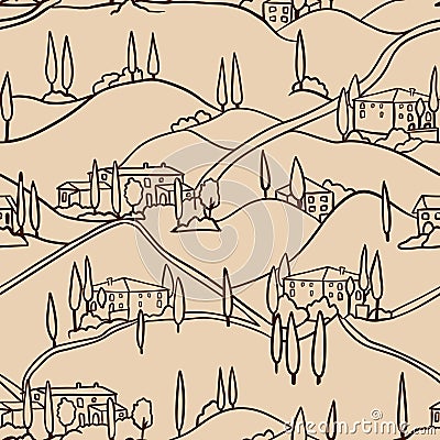 Hand drawn seamless pattern with italian tuscan tuscany landscape, house villa tree cypress. Simpleminimalist line art Stock Photo