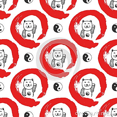 Hand drawn seamless pattern with Japan fortune maneki-neko cats. Yin yang background for design. Red zen circle hand-drawn with in Vector Illustration