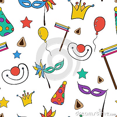 Hand drawn seamless pattern of Jewish holiday Purim: carnival masks and hats, traditional Hamantaschen cookies Cartoon Illustration