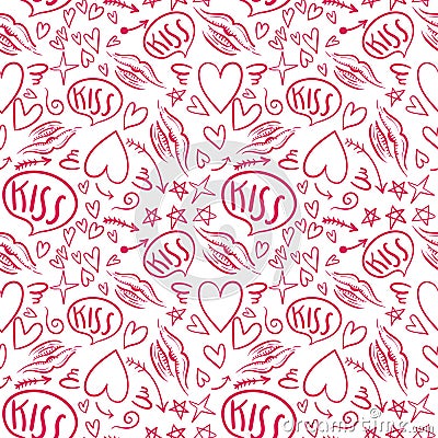 Hand drawn seamless pattern with a lipstick kiss prints on white background. Vector Illustration