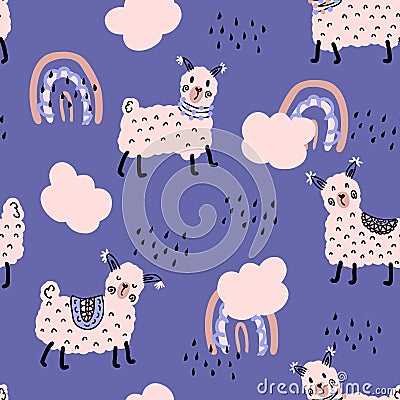 Hand drawn seamless pattern with llamas and rainbows. Perfect for T-shirt, textile and print. Doodle vector illustration Vector Illustration