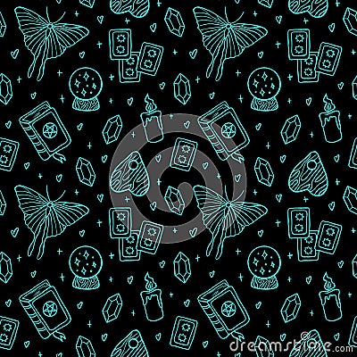 Hand drawn seamless pattern with magical occult elements on black. Sacred mysterious art Stock Photo