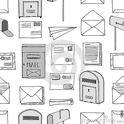 Hand drawn seamless pattern. Mail, post, letter, envelope, paper plane,mailbox cartoon Set. Vector illustration. Delivery Doodle d Vector Illustration