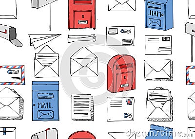 Hand drawn seamless pattern. Mail, post, letter, envelope, paper plane,mailbox cartoon Set. Vector illustration. Delivery Doodle d Cartoon Illustration