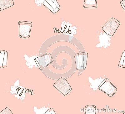 Hand drawn seamless pattern with milk drops and glasses. Light modern print for fabric, wrap paper or wallpaper. Vector Illustration