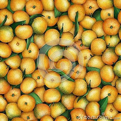 Hand drawn seamless pattern of orange mandarins. Tangerines, leaves and branches background. Decorative citrus fruit illustration Cartoon Illustration